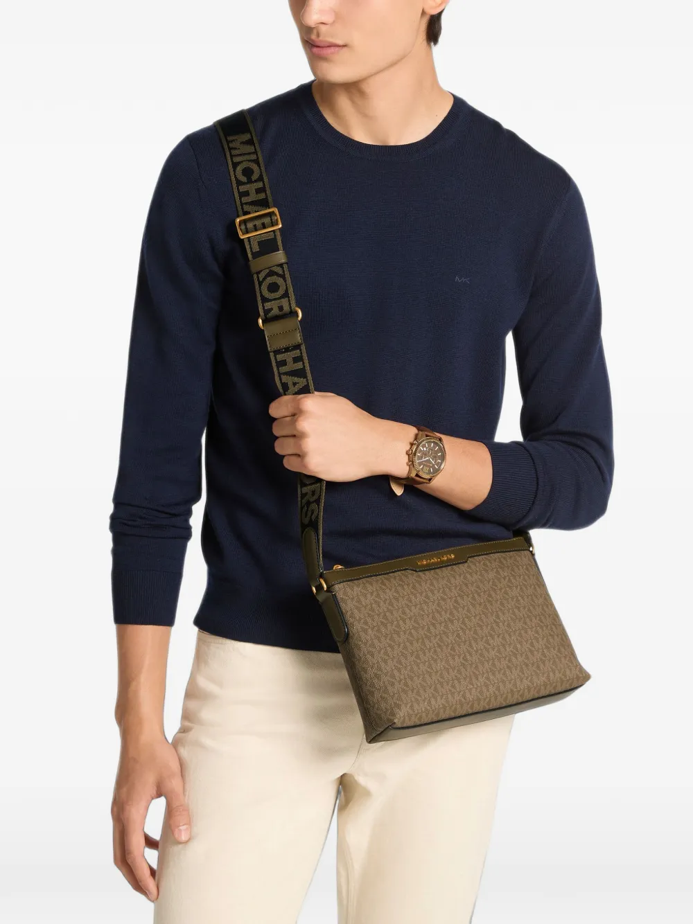 Michael Kors Hudson Signature messengertas met logo Beige