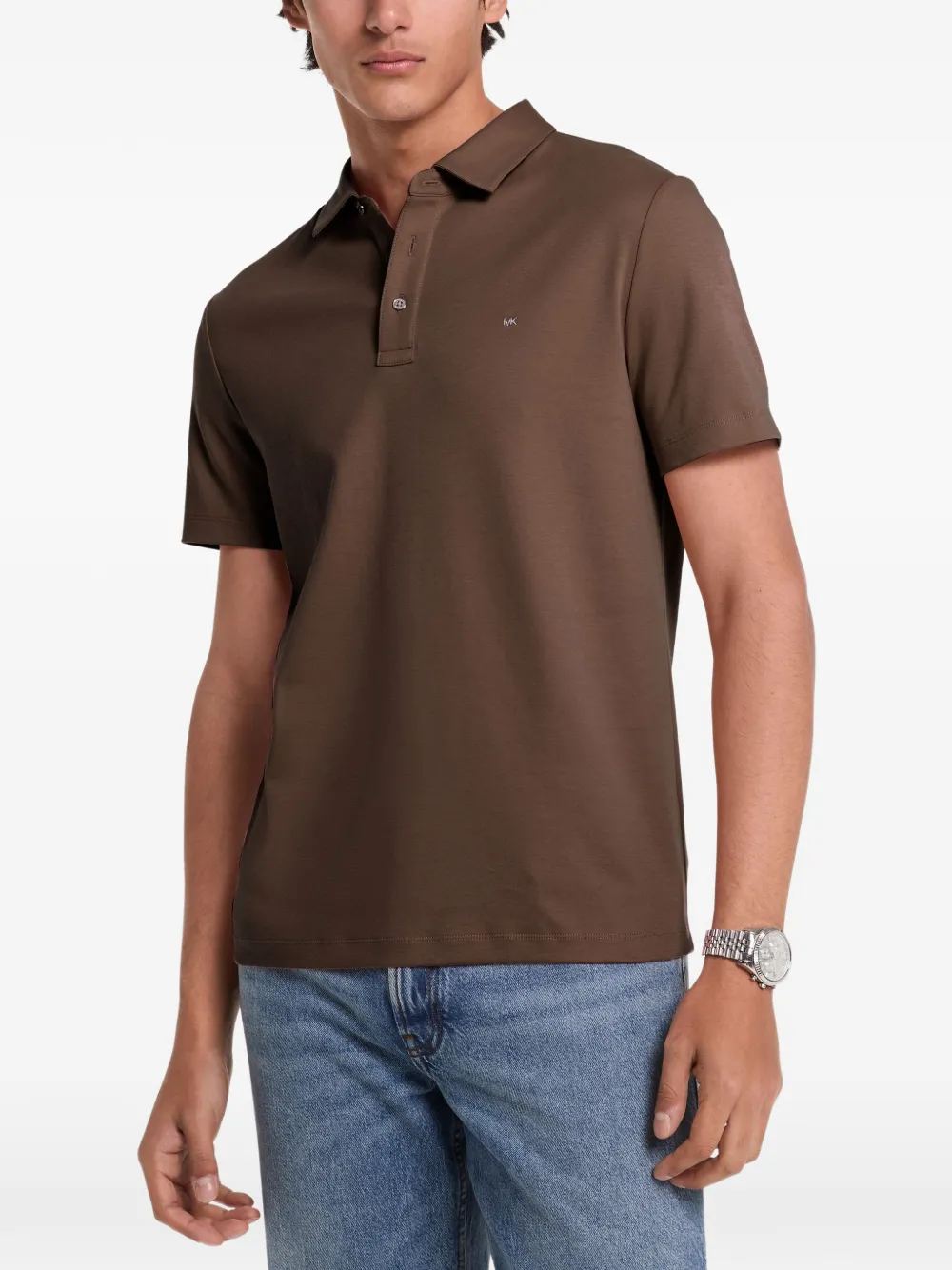 Michael Kors Embroidered-logo Cotton Polo Shirt In 브라운