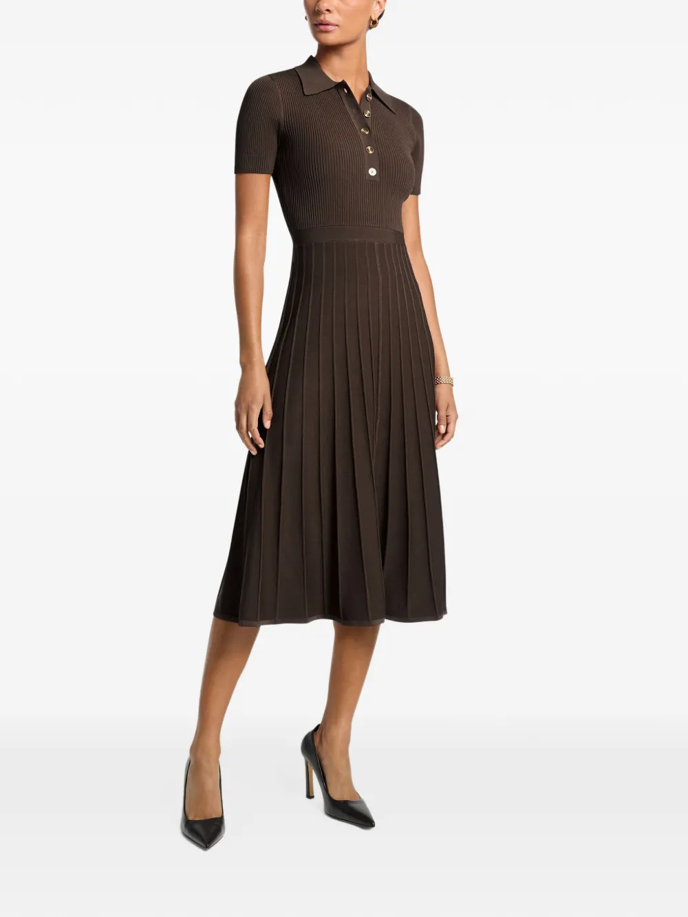 Michael Kors ribbed stretch knit polo midi dress - Marrone