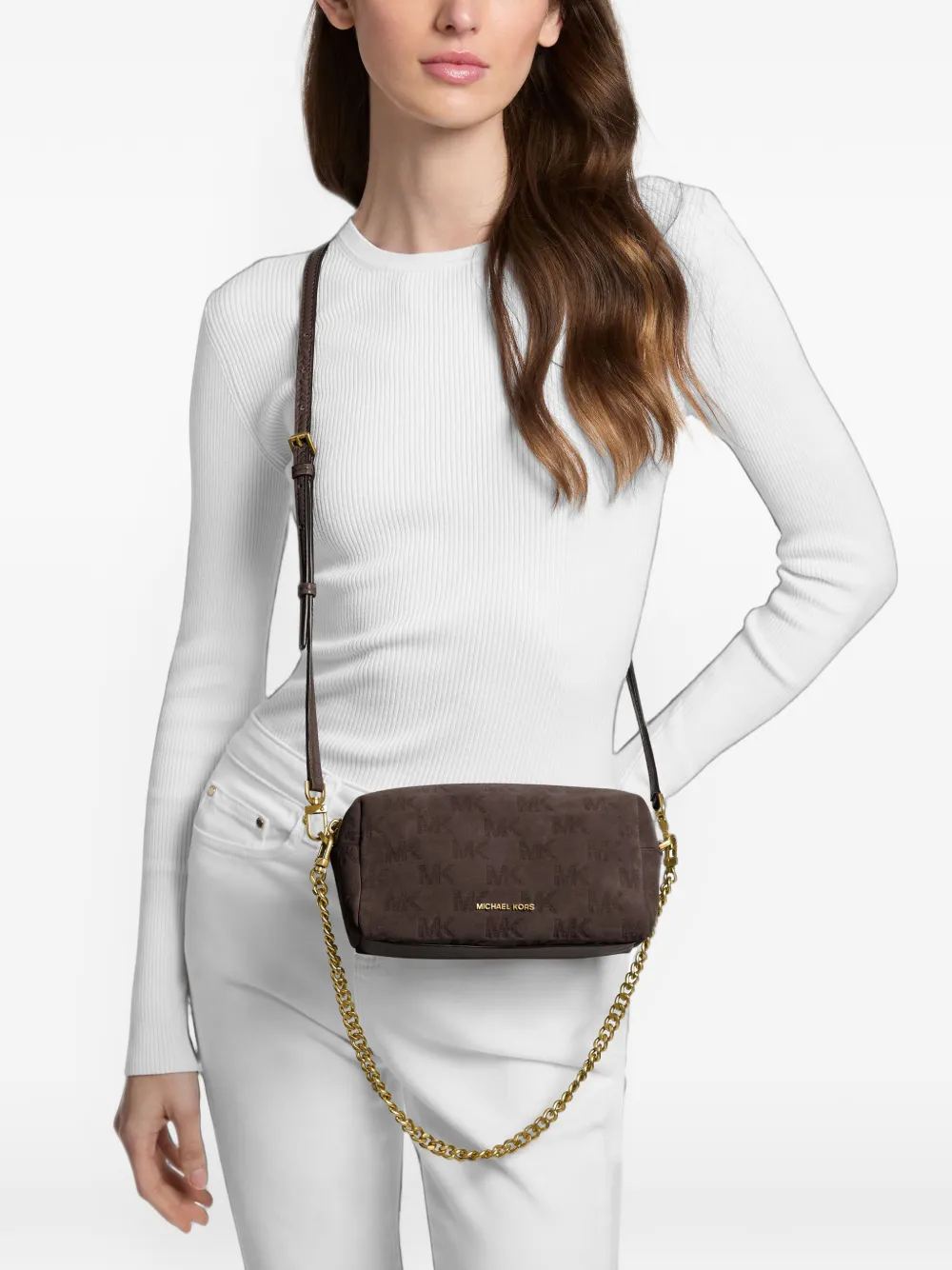 Michael Kors Bryant kleine suède verstelbare crossbodytas met logo-reliëf Bruin