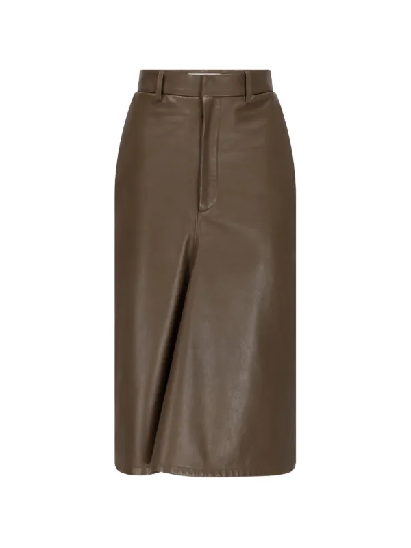 Victoria Beckham Kick-detail Leather Midi Skirt in Brown