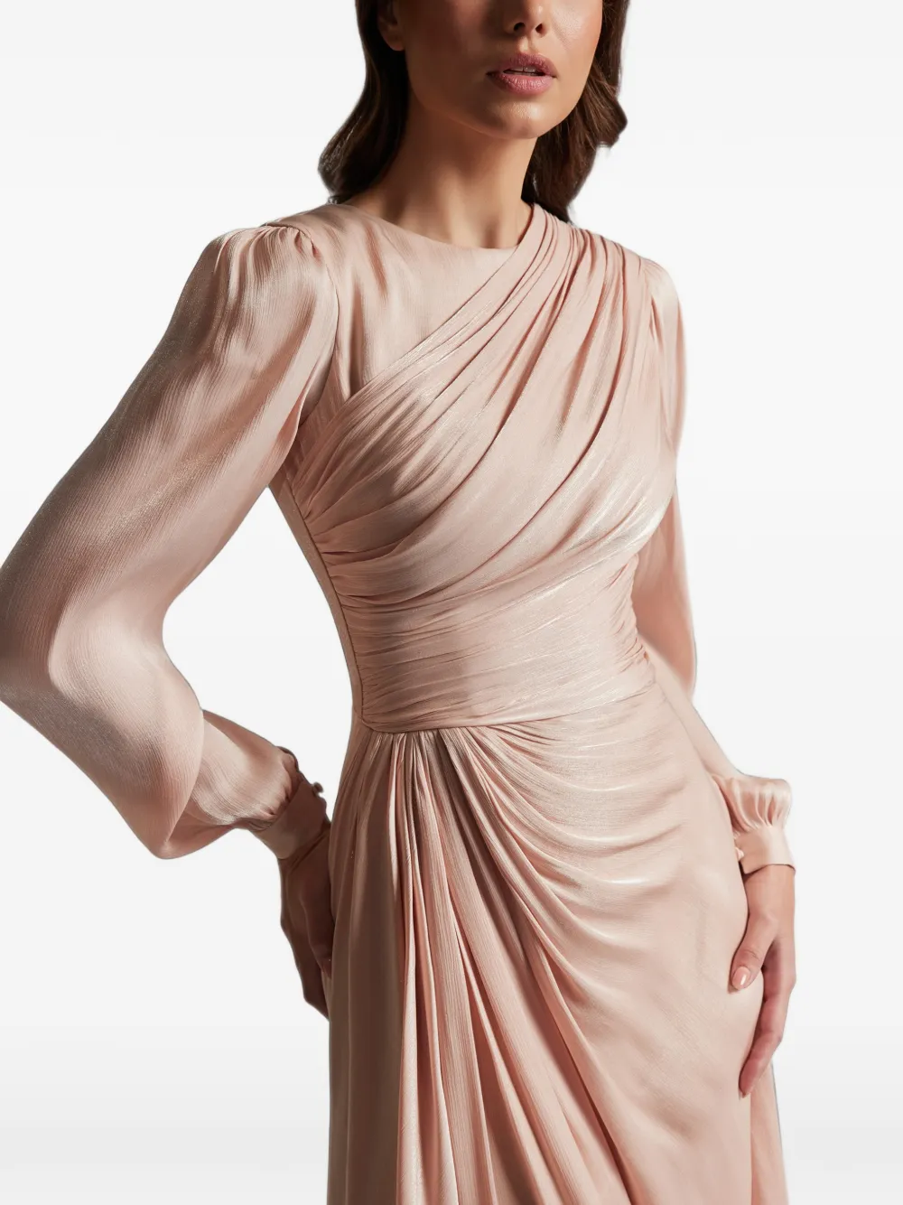 CRISTALLINI Norma midi-jurk met ruches en lange mouwen Beige