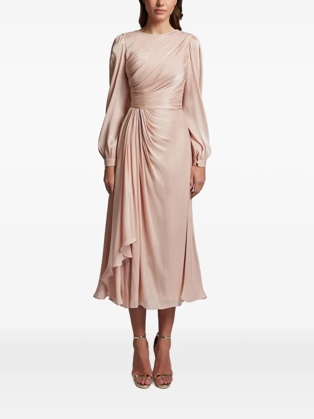 Cristallini Norma Ruched Long-sleeve Midi Dress In Neutrals