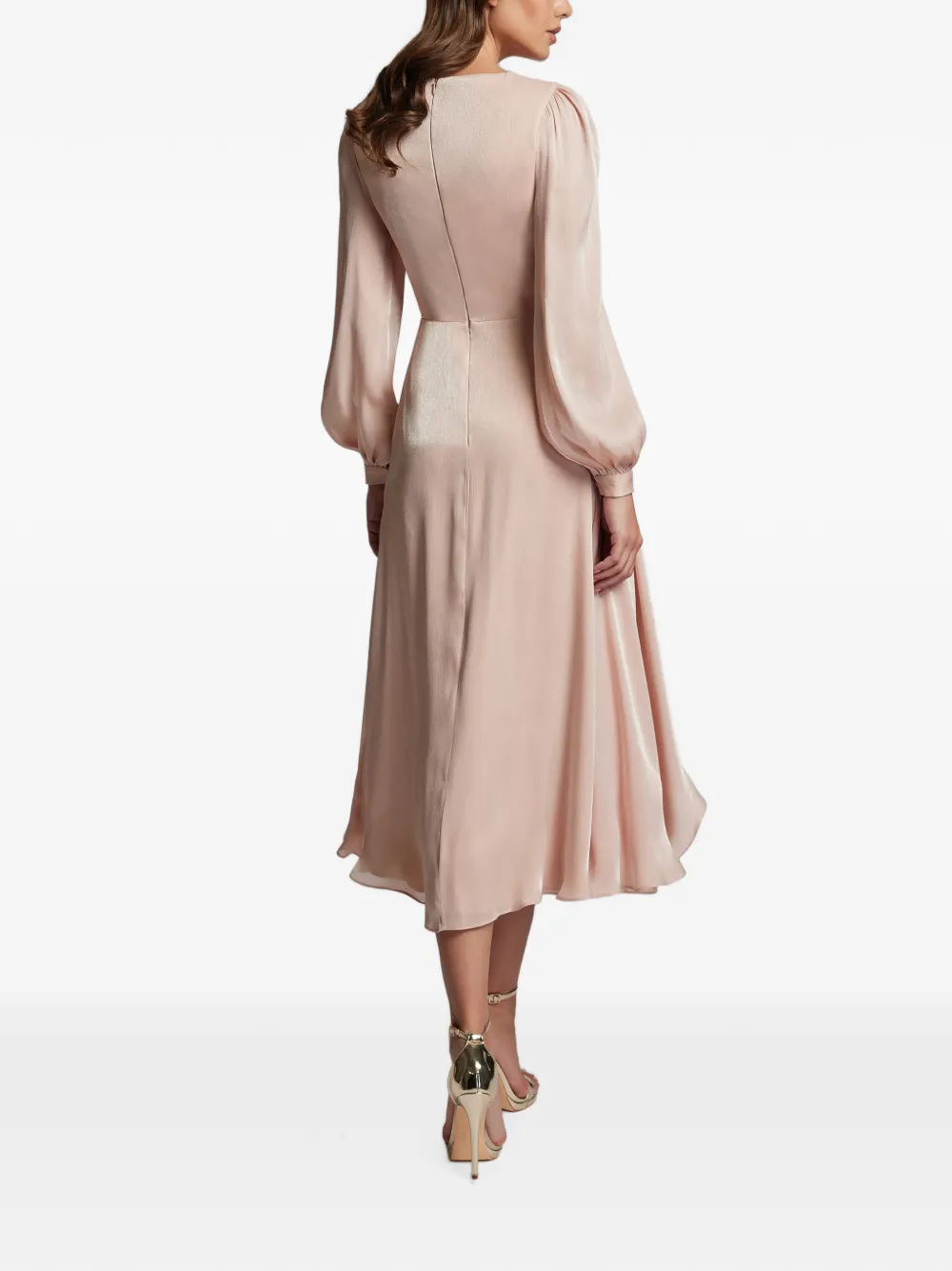 CRISTALLINI Norma midi-jurk met ruches en lange mouwen Beige
