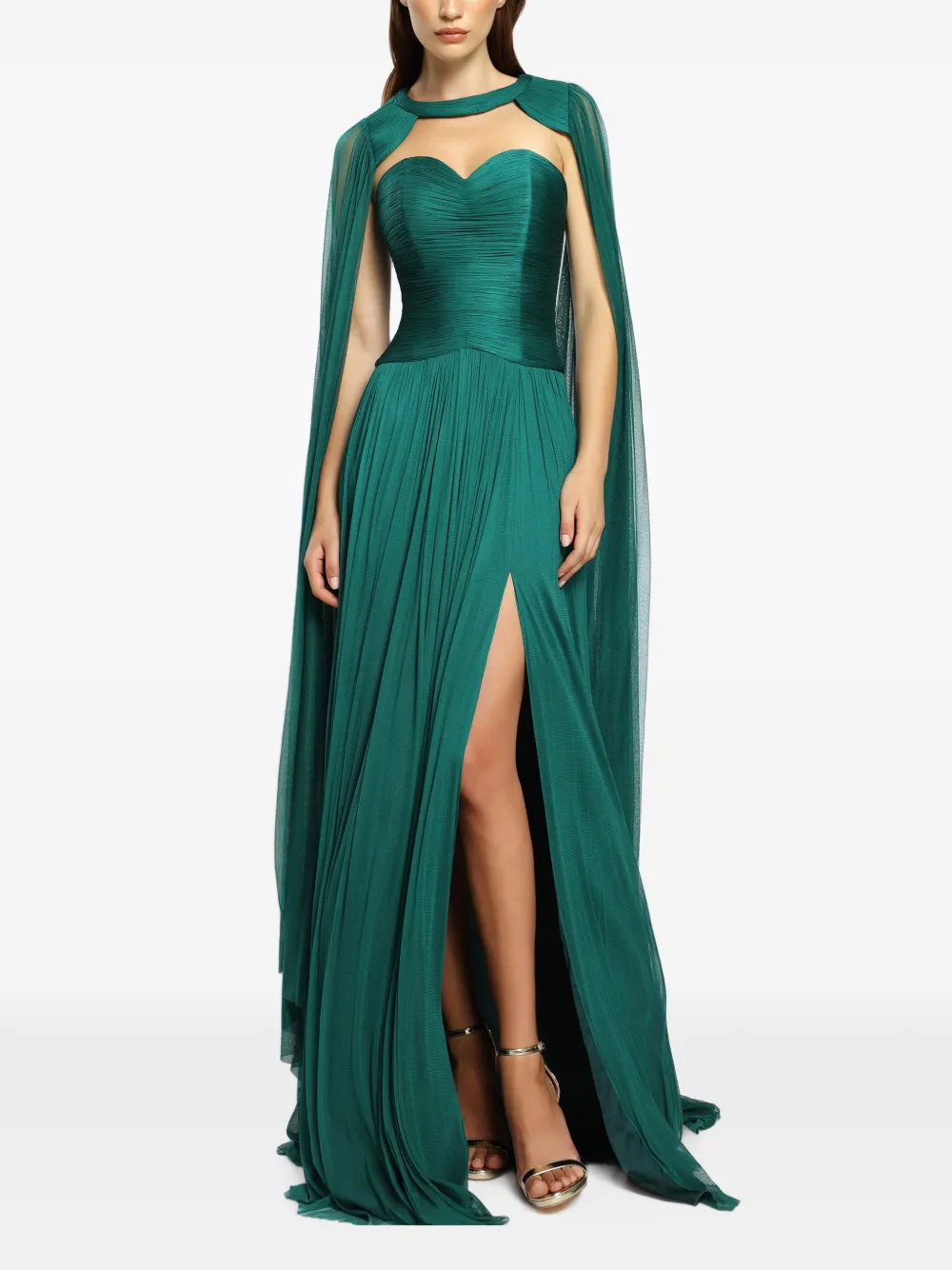 Cristallini Elya Cape-detail Pleated Maxi Dress In Green