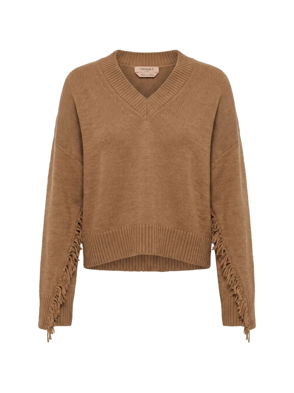 TWINSET fringe-trim V-neck sweater - Marrone