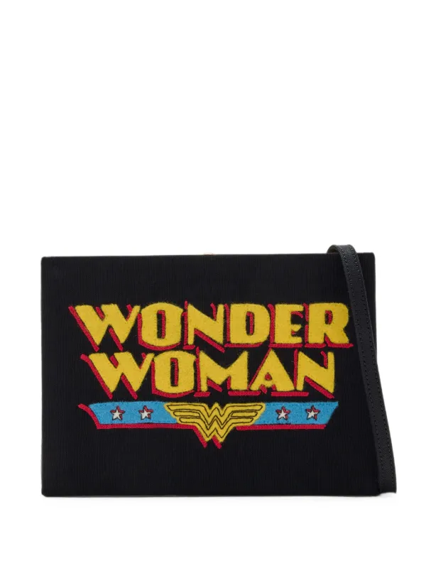 Olympia Le-Tan Wonder Woman Embroidered Clutch Bag in Black