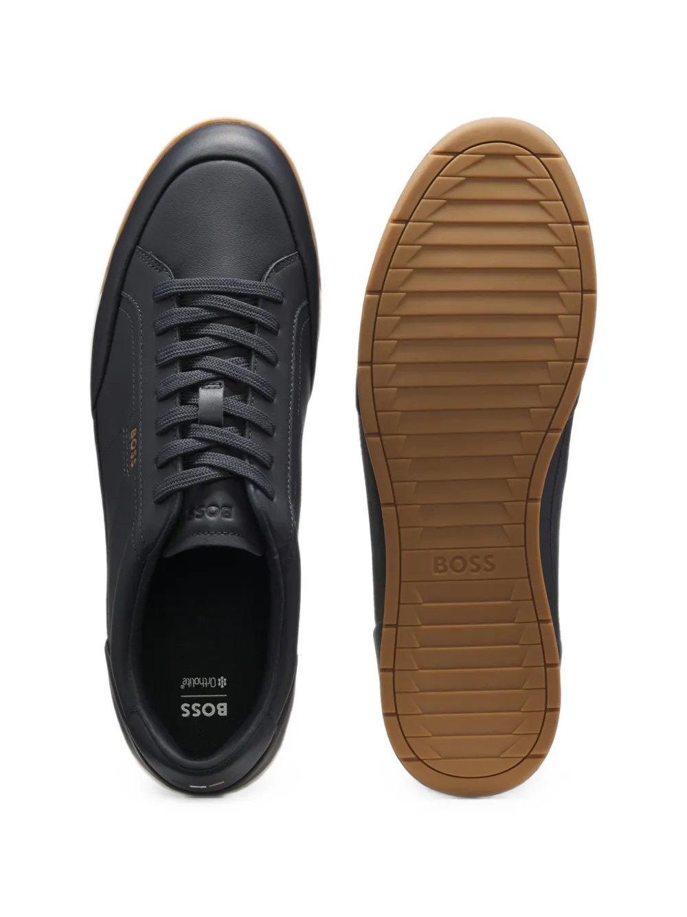 BOSS leather sneakers with foil logo Blauw