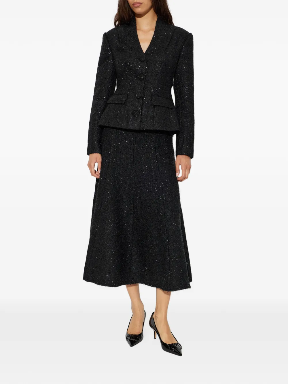 Self-Portrait Bouclé midi-jurk met metallic effect Zwart