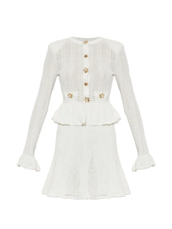 peplum knit dress self-portrait White Pointelle Mini in White AW22 SALE