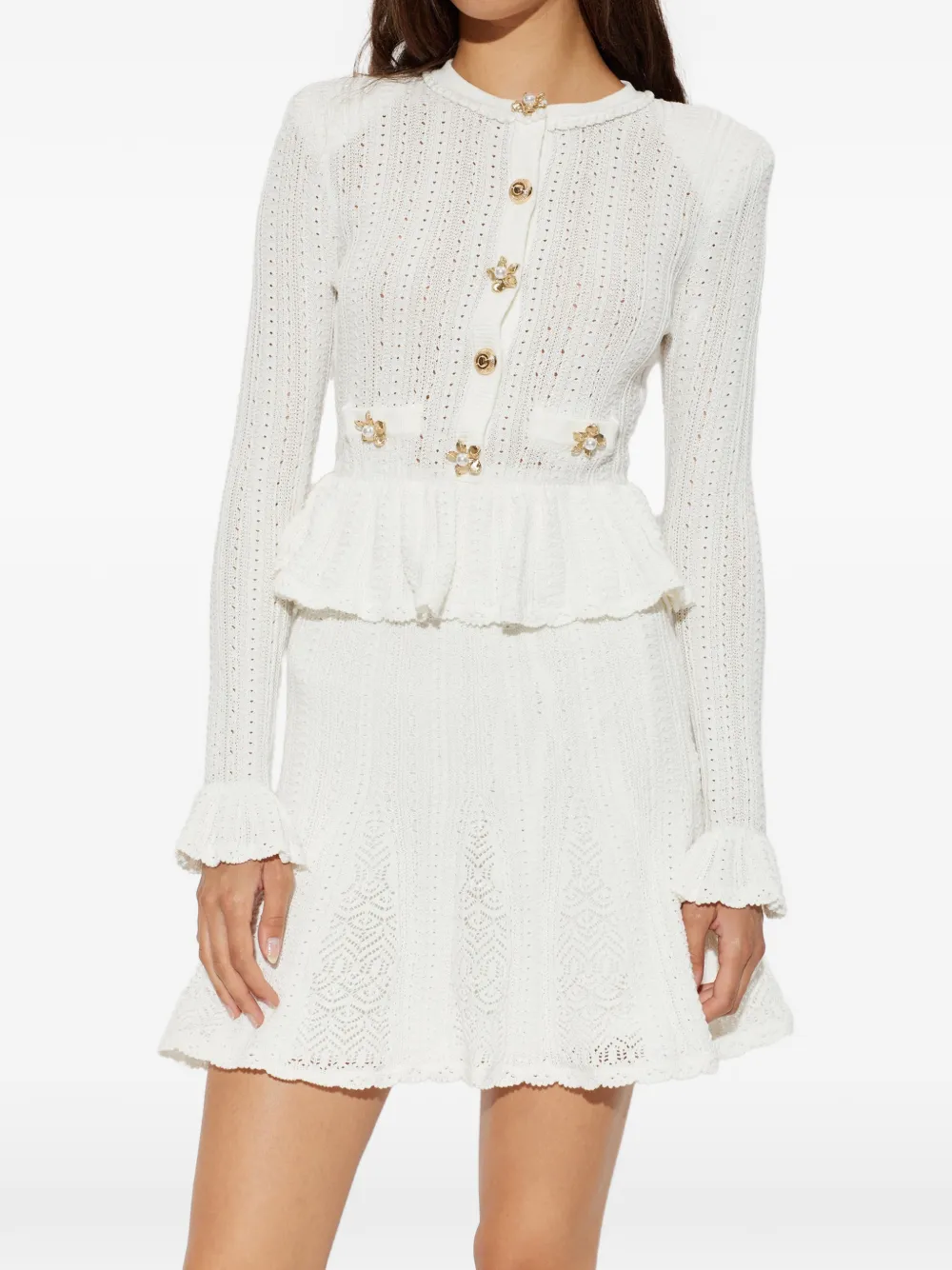 Self-Portrait Pointellegebreide jurk met peplum Wit