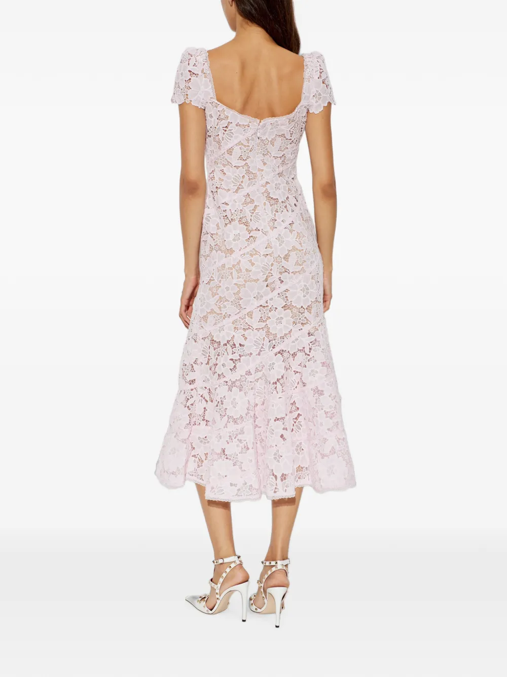 Self-Portrait Midi-jurk met bloemenkant en uitlopende zoom Roze