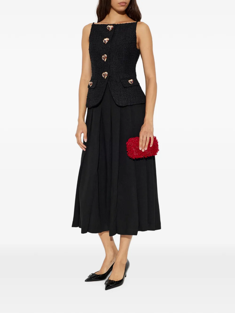 Self-Portrait heart-button pleated dress Zwart