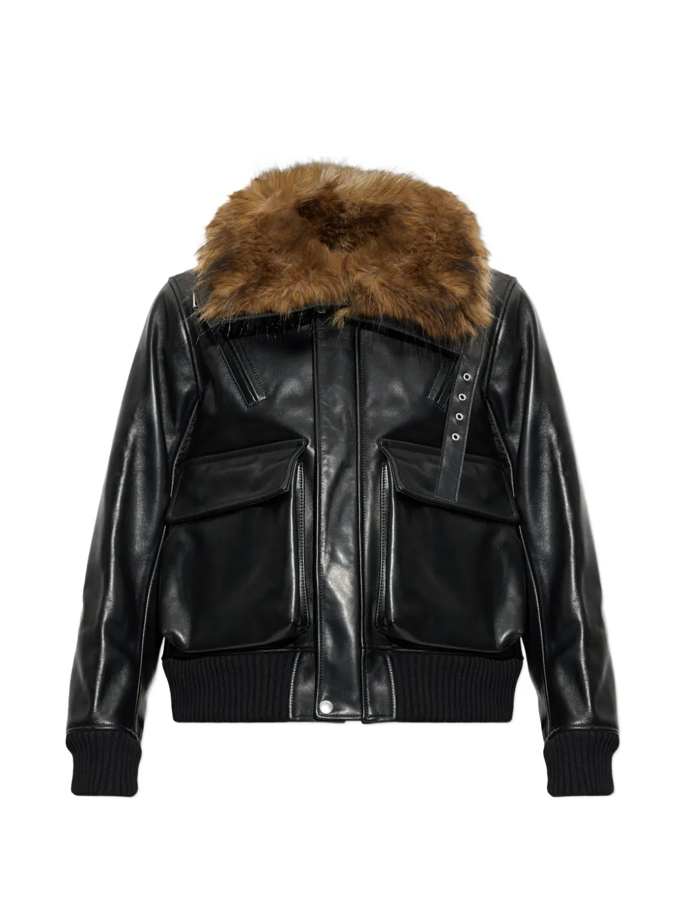 sacai faux-fur collar leather jacket Zwart