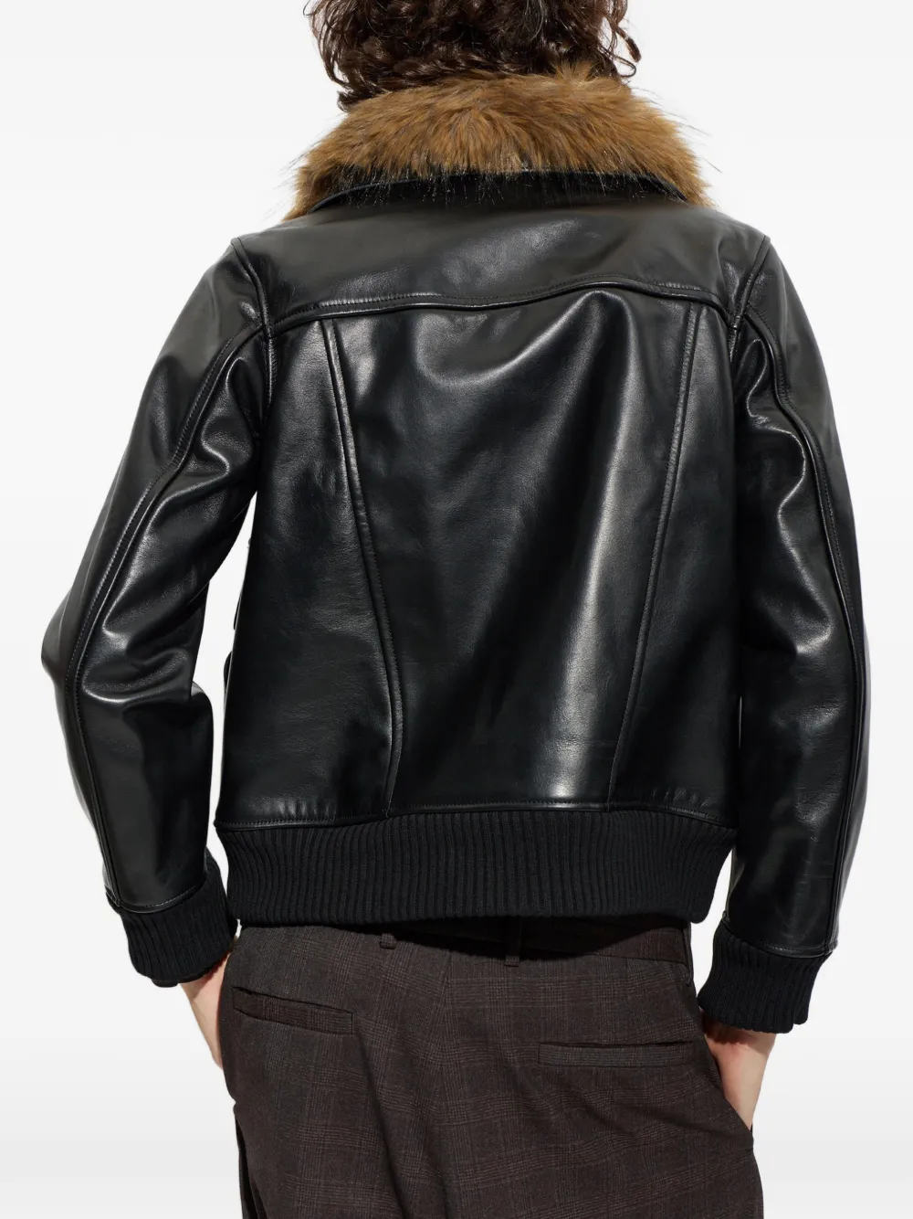 sacai faux-fur collar leather jacket Zwart