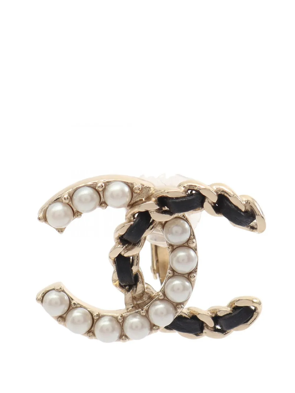 CHANEL Pre-Owned 2022 CC Gold Plated Leather Woven Chain and Faux Pearl Clip On Earring costume earrings - Oro