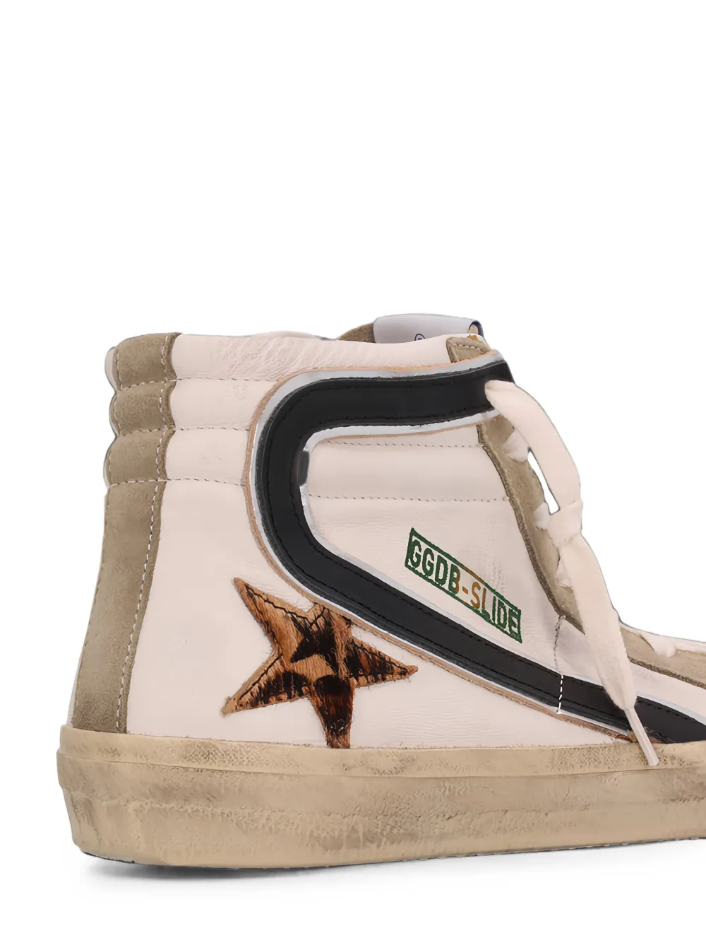 Golden Goose Slide with leopard print pony skin star and black flash trainers