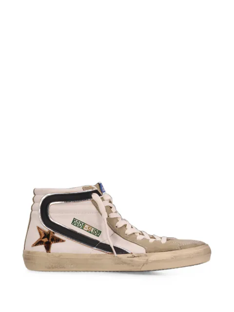 Golden Goose Slide with leopard print pony skin star and black flash trainers