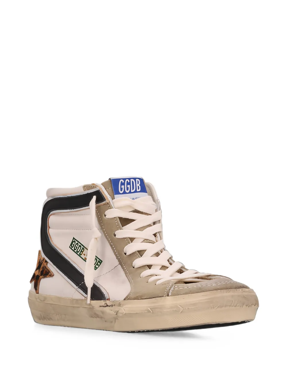 Golden Goose Slide with leopard print pony skin star and black flash trainers