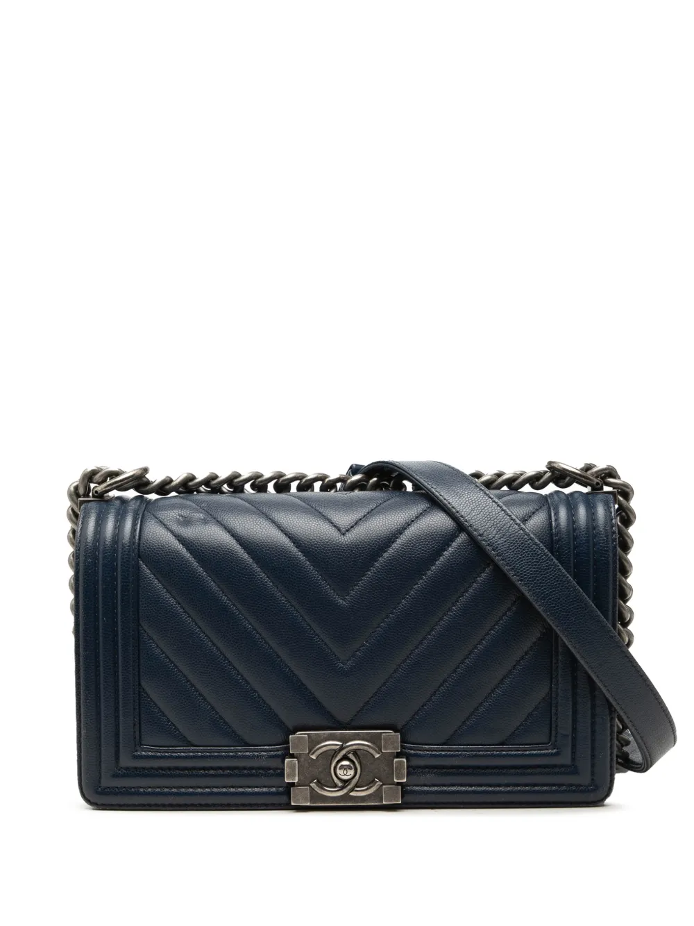 CHANEL Pre-Owned Borsa a tracolla Boy media in pelle Caviar con motivo chevron 2017-2018 - Blu