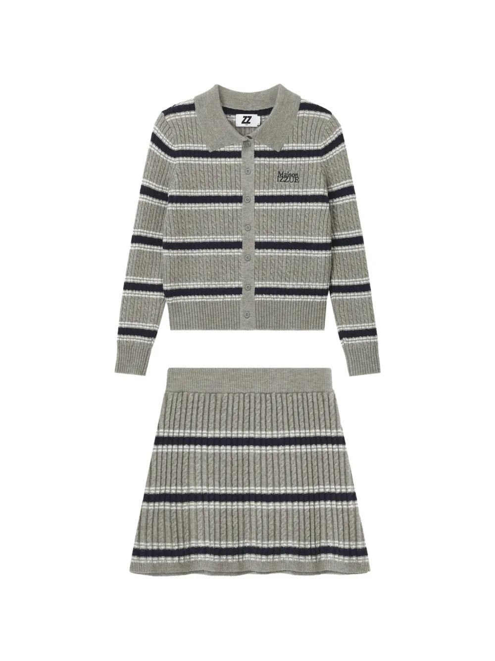 izzue cable-knit striped cardigan and mini skirt set