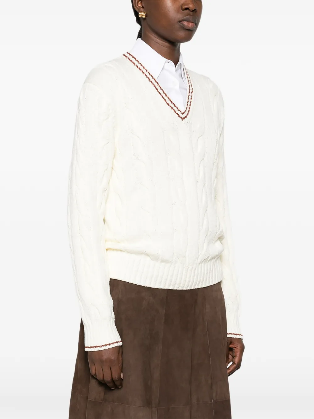 Loro Piana Augusta cable-knit V-neck sweater Beige