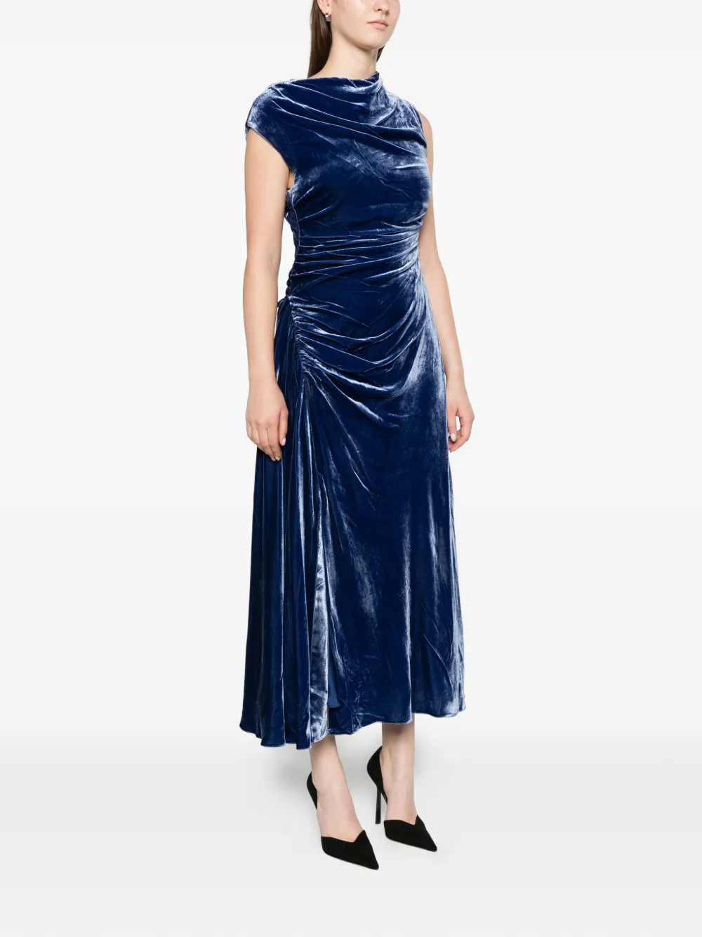 SIMKHAI Burke draped velvet midi dress Blauw