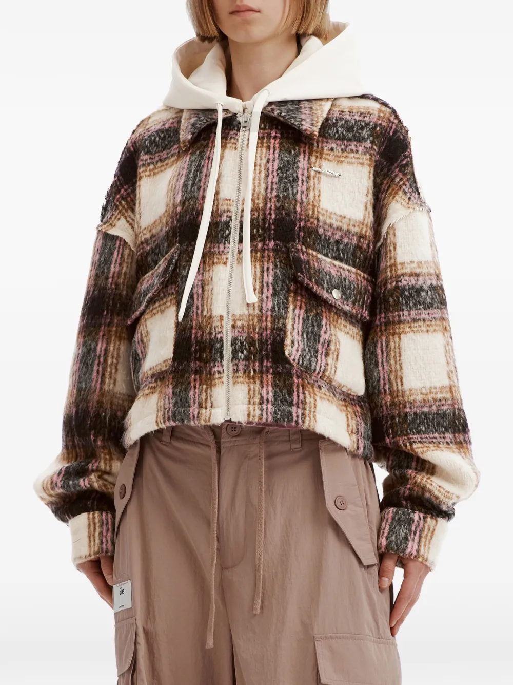 izzue check-pattern hooded jacket Beige
