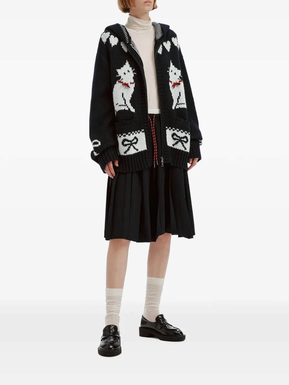 tout a coup Intarsia gebreide hoodie met kat-patroon Zwart