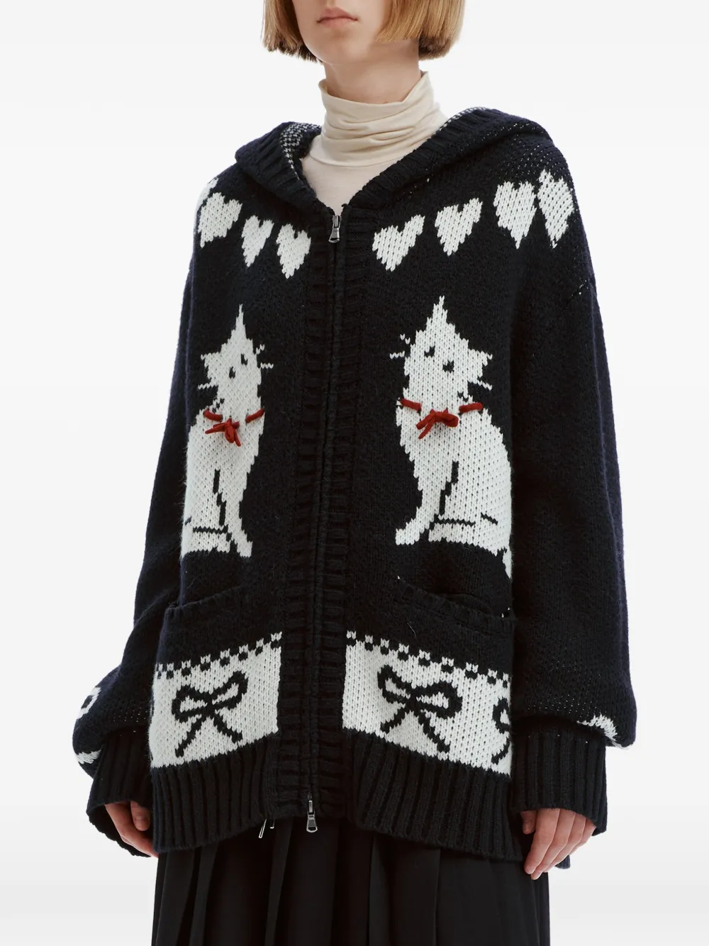 tout a coup Intarsia gebreide hoodie met kat-patroon Zwart