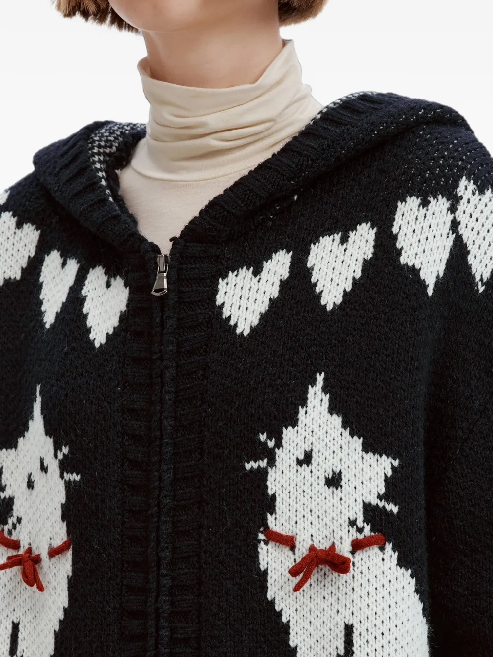 tout a coup Intarsia gebreide hoodie met kat-patroon Zwart