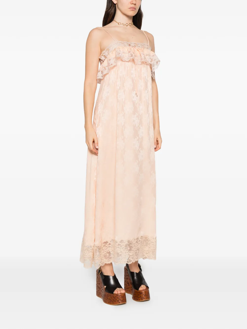 Chloé lace-trimmed silk-jacquard dress Beige