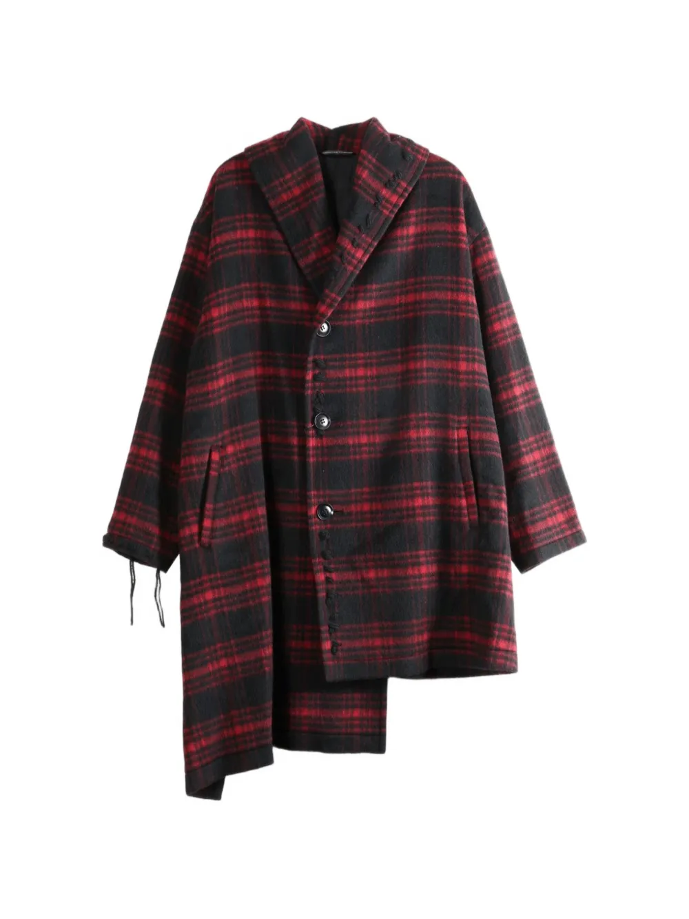 Y's Asymmetric-hem Tartan-check Coat In Black