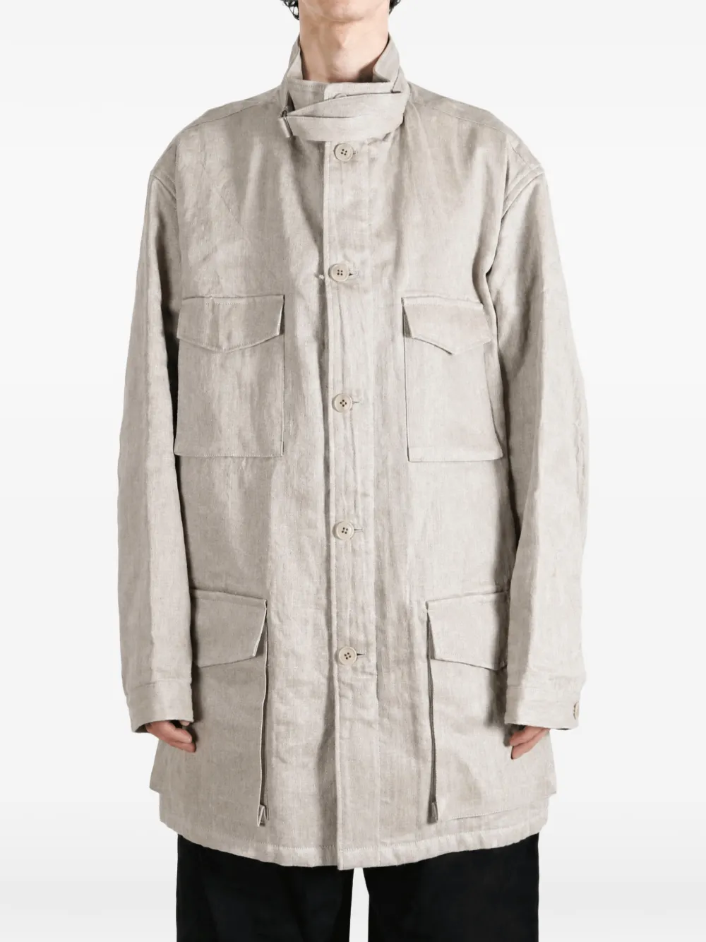 Yohji Yamamoto Militair jack met hoge hals en vier zakken Beige