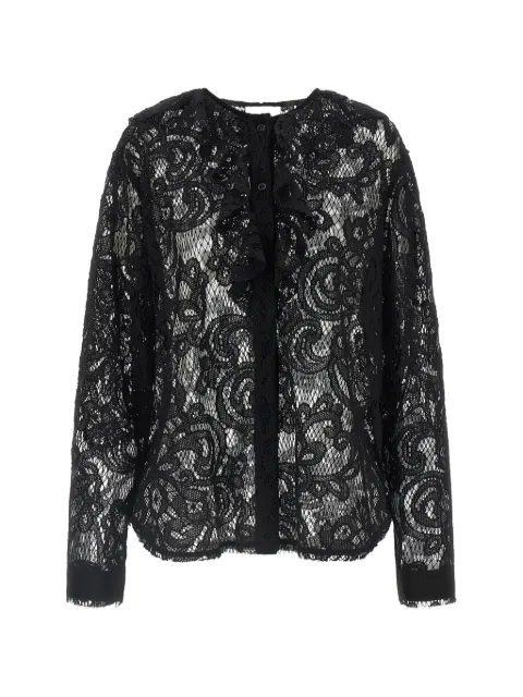 Nude ruffled floral-lace shirt