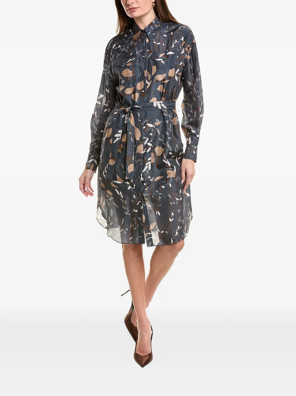 Brunello Cucinelli abstract-print silk shirt midi dress - Blue