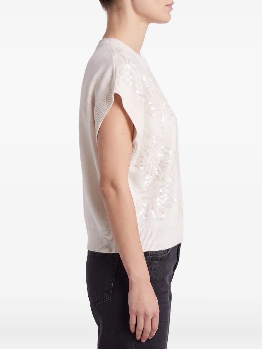Brunello Cucinelli Trui verfraaid met pailletten en korte mouwen Beige