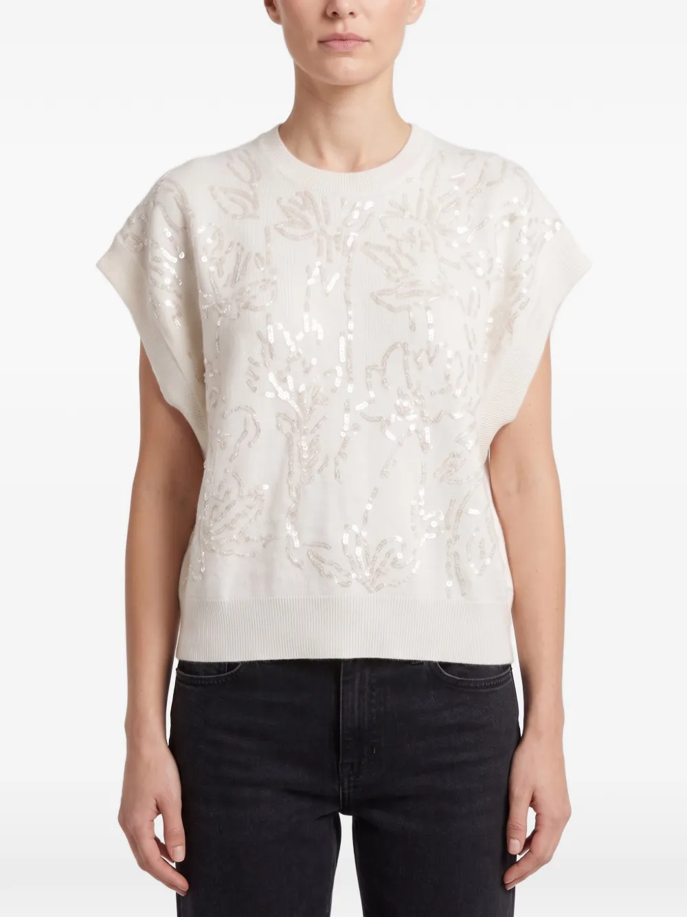 Brunello Cucinelli sequin-embellished short-sleeve sweater - Neutrals