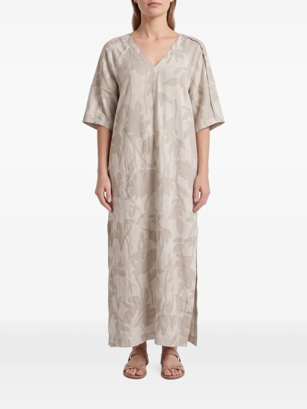 Brunello Cucinelli maxi leaf-pattern V-neck dress