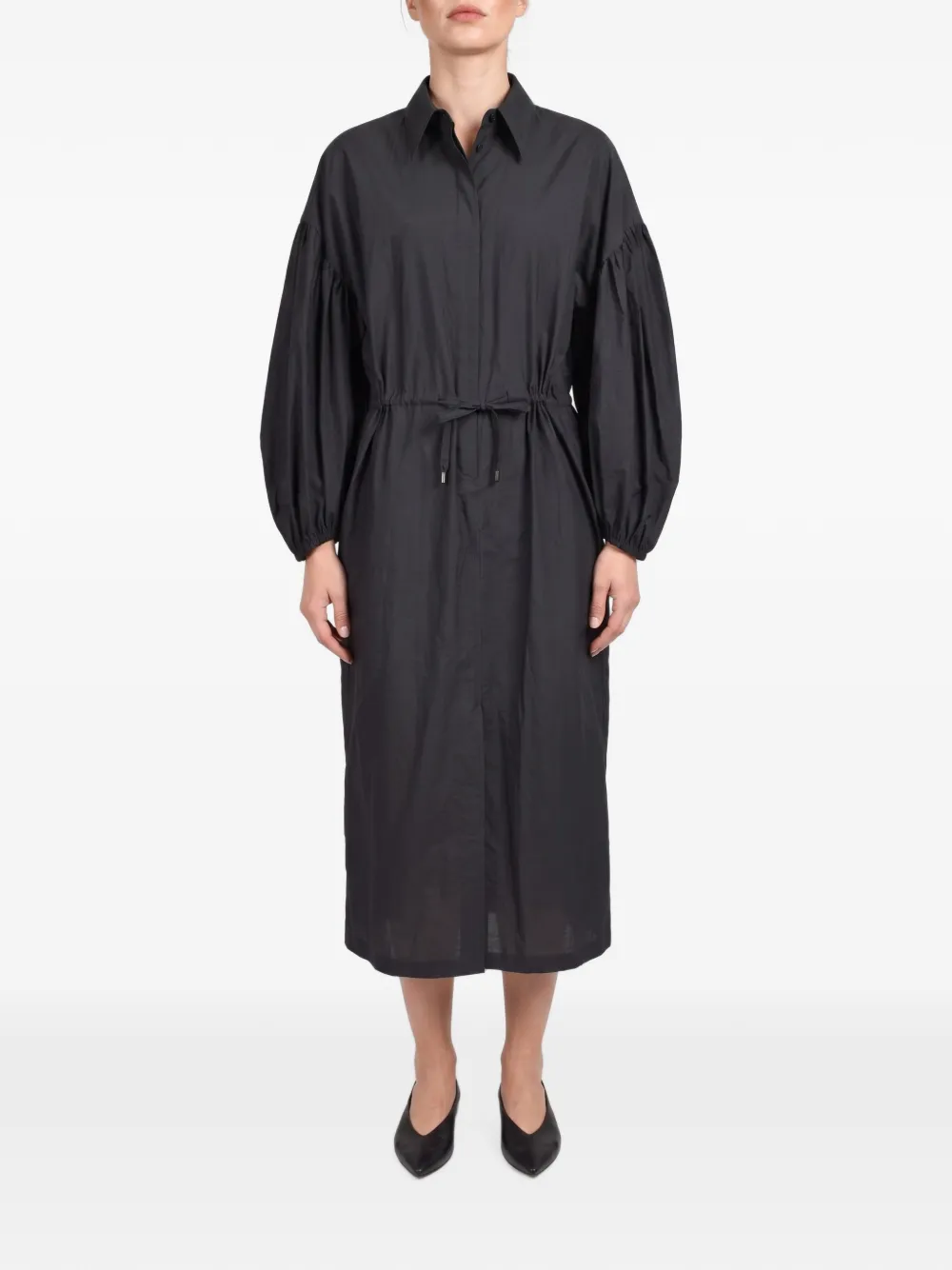 Brunello Cucinelli midi drawstring-waist voluminous-sleeve shirt dress Zwart