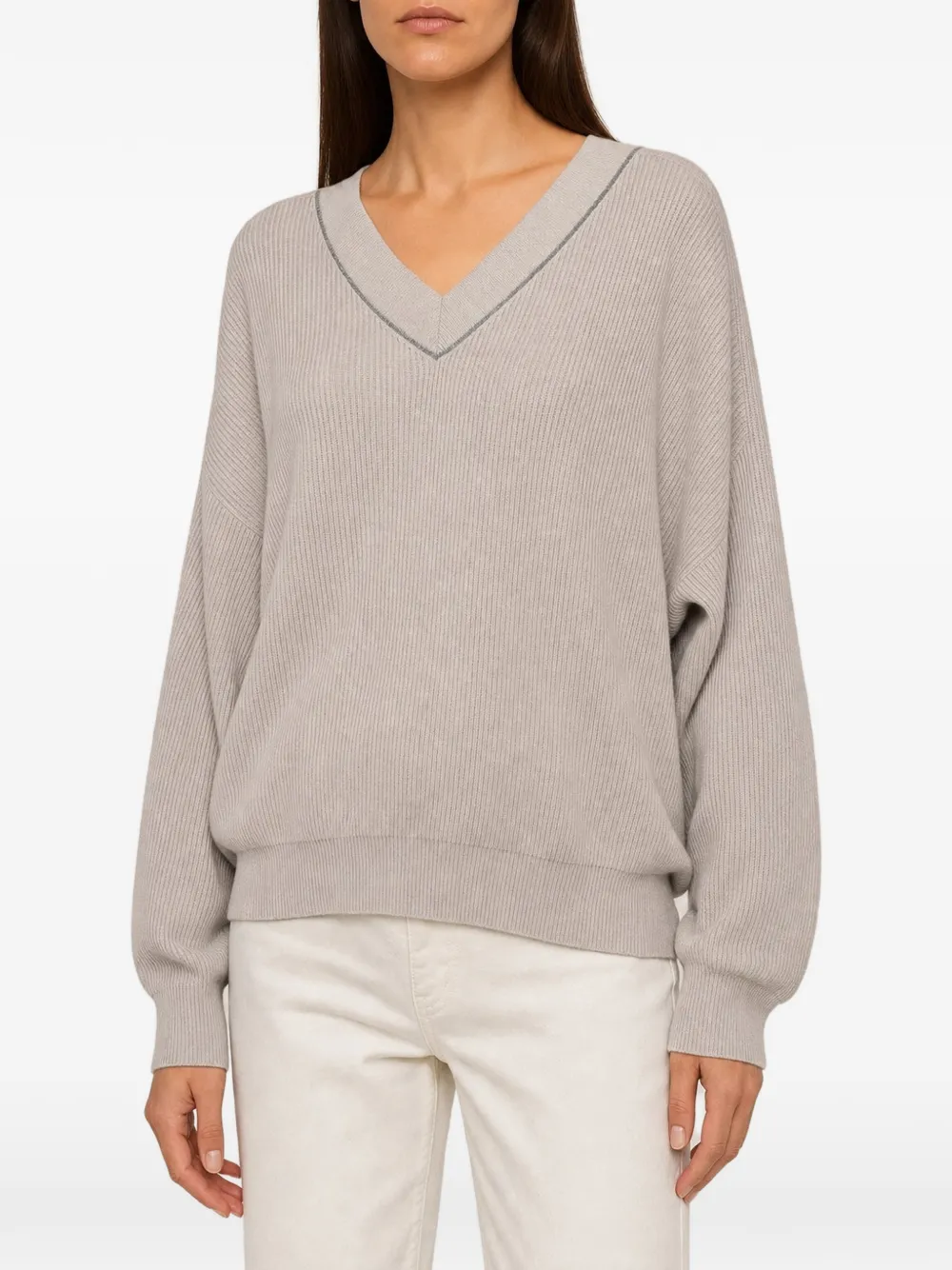 Brunello Cucinelli Monili-beaded V-neck sweater - Grey