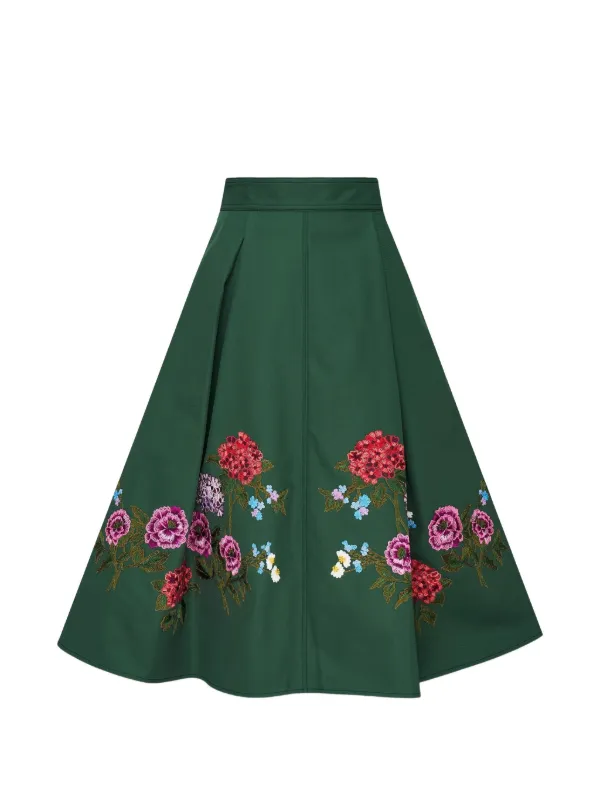 Carolina Herrera Floral-embroidered Pleated Skirt in Green