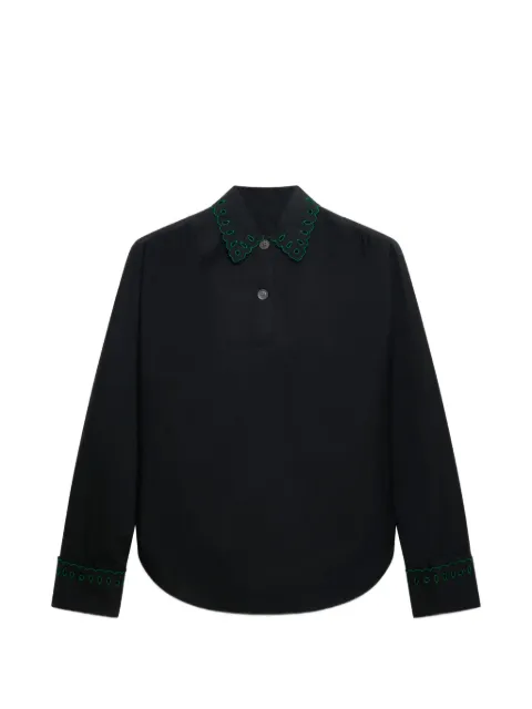 Marni black poplin half-button shirt with broderie anglaise