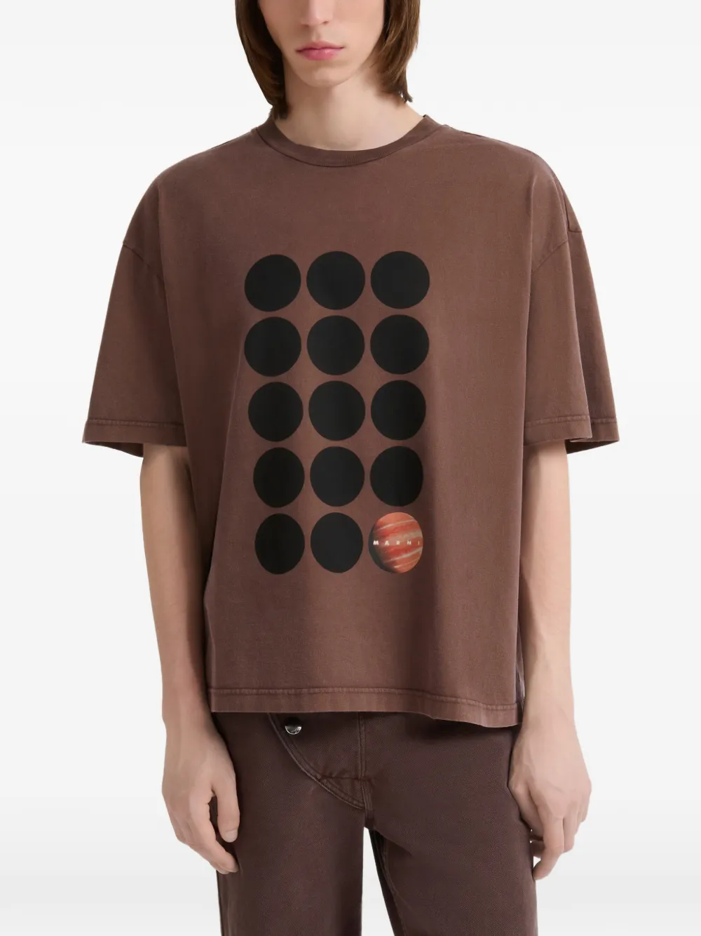 Marni Bruin katoenen T-shirt met planeet-print