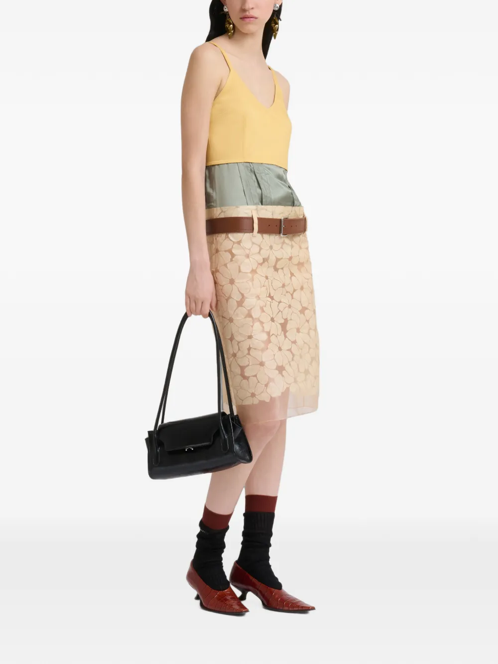 Marni Organza jurk met satijnen taille en bloemen Beige