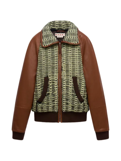 Marni yellow and light green cotton-wool knit jacket with leather sleeves