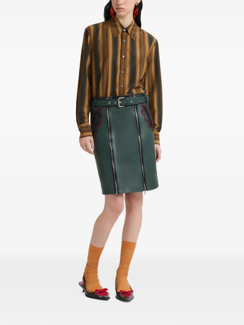 Marni Diepgroene leren rok met bladerzakken