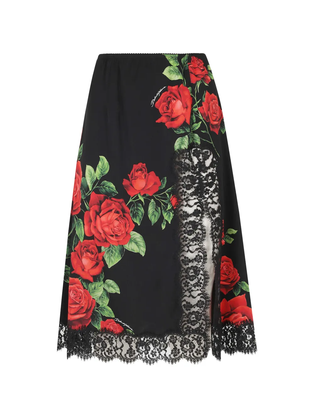 Dolce & Gabbana Rose-print Lace-trim Midi Skirt In 블랙