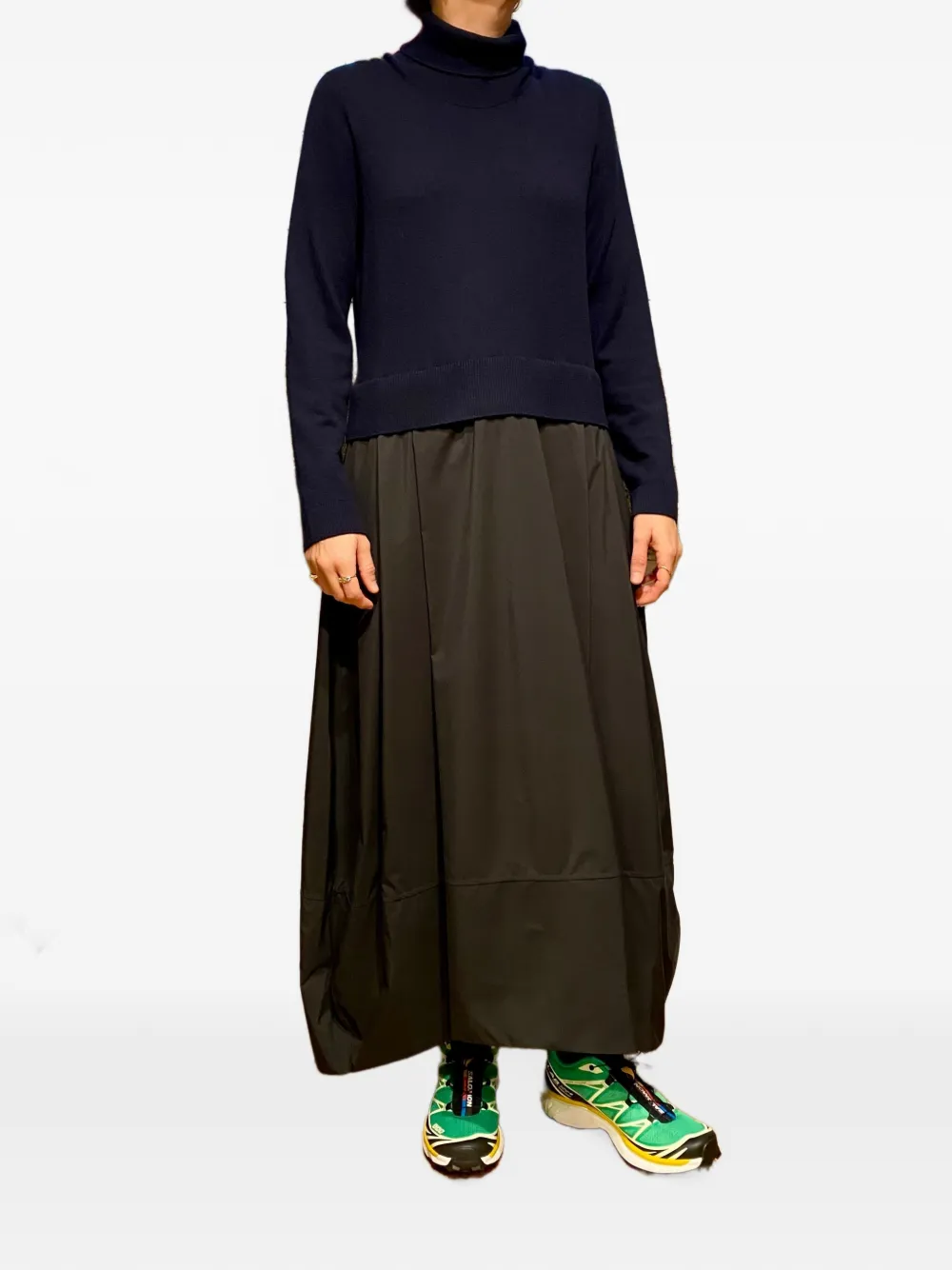 Gran Sasso High-neck Mixed-media Midi Dress In Blue