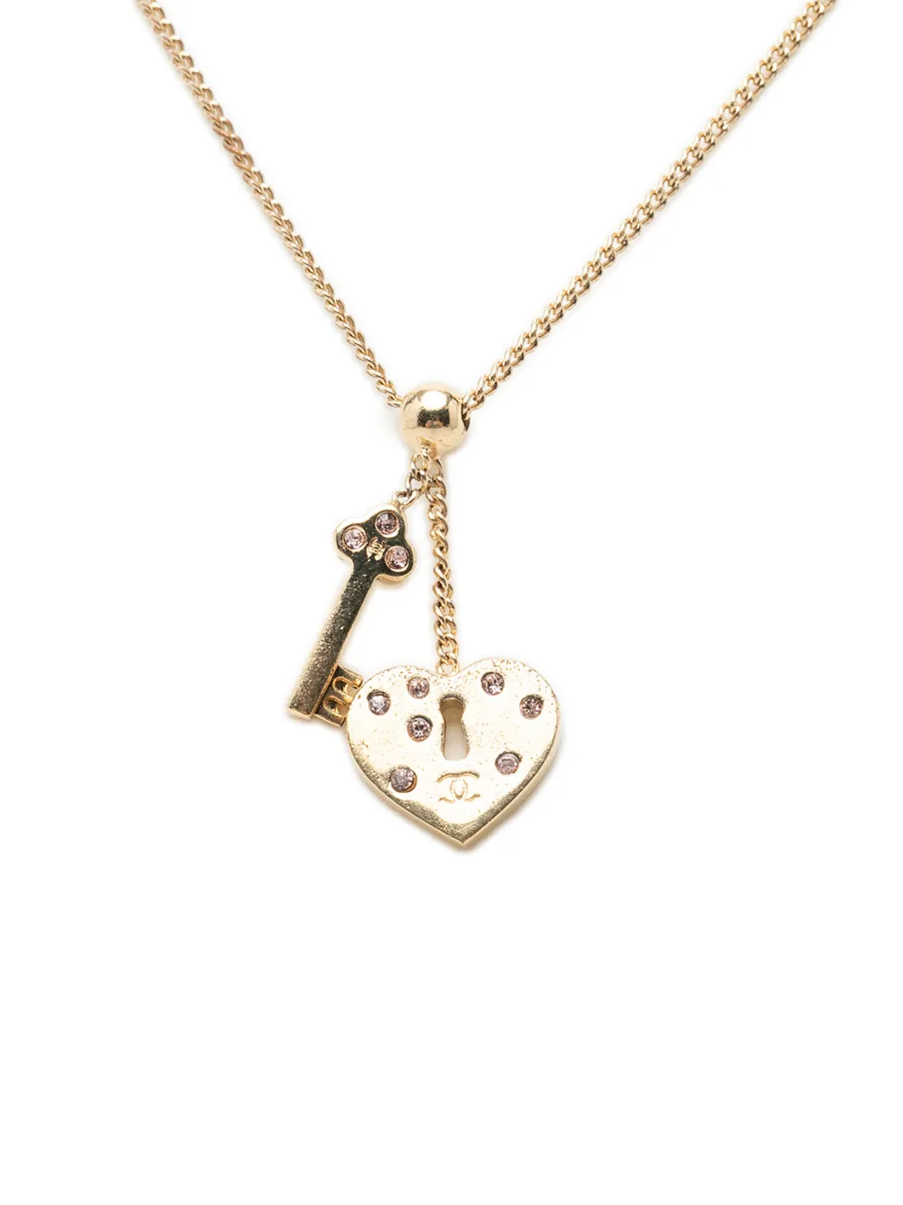 CHANEL Pre-Owned 2002 CC Gold Plated Strass Heart Lock And Key Pendant Necklace costume necklace - Oro